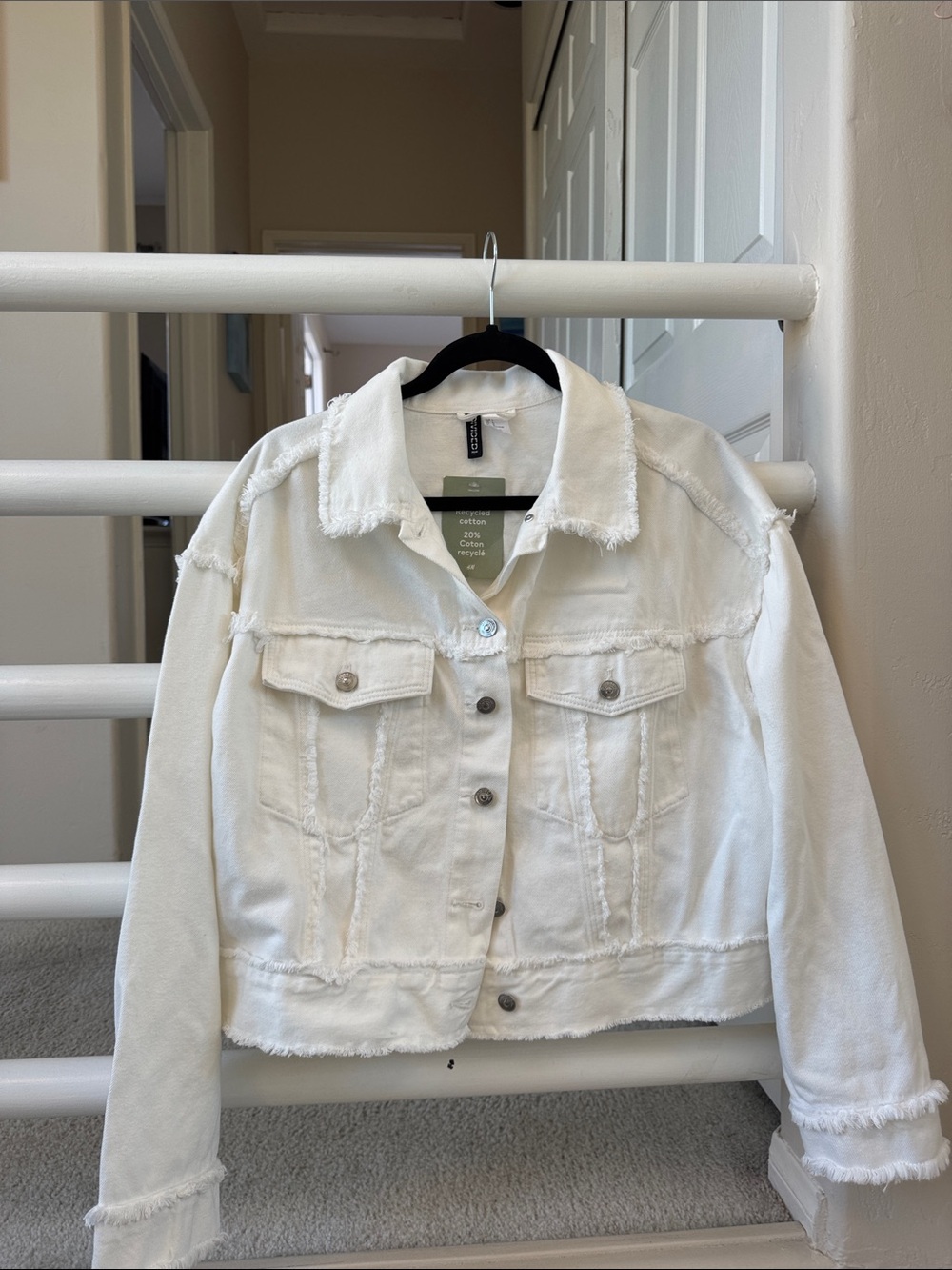 H&M White Distressed Hem Denim Jacket - Women